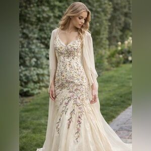 Stunning Designer YSA MAKINO Womens Cream and Pink Floral Wedding Dress Sz 8